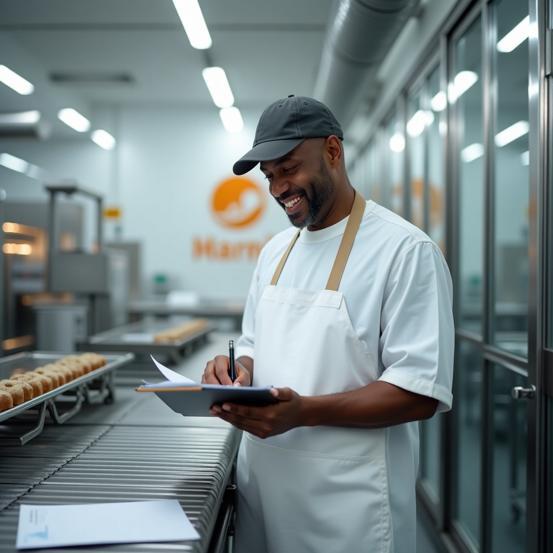 A man in an apron recording documents as part of a food manufacturing process